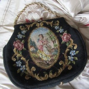 VTG 1940s HANDMADE LARGE NEEDLEPOINT FRAME HANDBAG